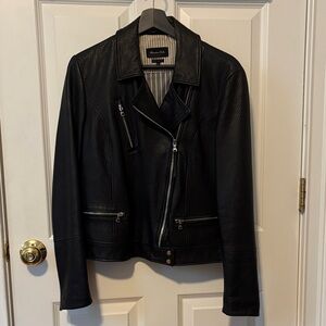 Massimo Dutti navy blue Leather Biker Jacket
